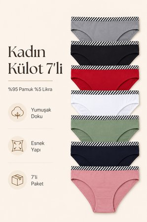 Kadın Külot 7 Li Paket Likralı Pamuklu Mixcolor