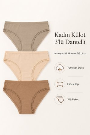 Kadın Külot 3 Lü Paket Likralı Dantelli Pamuklu Likrali
