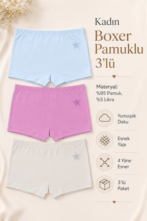 Kadın Boxer 3 Lü Paket Likralı Pamuklu