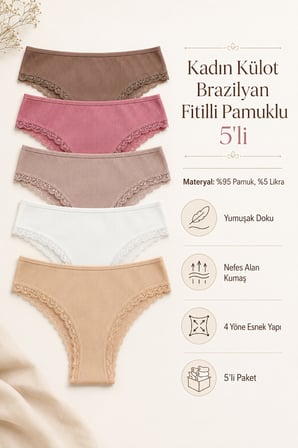 Kadın Külot Brazilyan 5 Li Paket Likralı Fitilli Kaşkorse Pamuklu