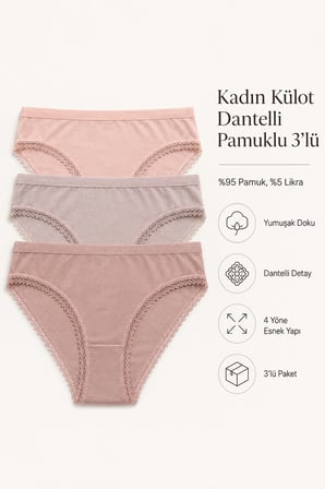 Kadın Külot 3 Lü Paket Likralı Dantelli Pamuklu Likrali