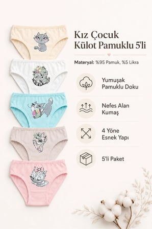 Kız Çocuk Külot 5 Li Paket Pamuklu Likralı Kedi Baskılı Saf Pamuk