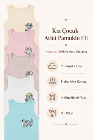 Kız Çocuk Atlet Geniş Askılı Kedi Baskılı Pamuklu Likralı Tişört Saf Pamuk