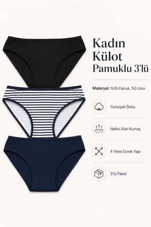 Kadın Külot 3 Lü Paket Likralı Dantelli Pamuklu Likrali