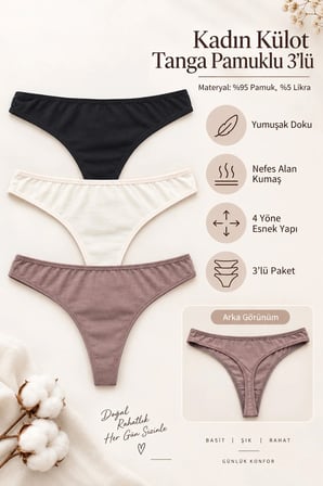 Kadın Külot Tanga String 3 Lü Paket Likralı Pamuklu Likrali