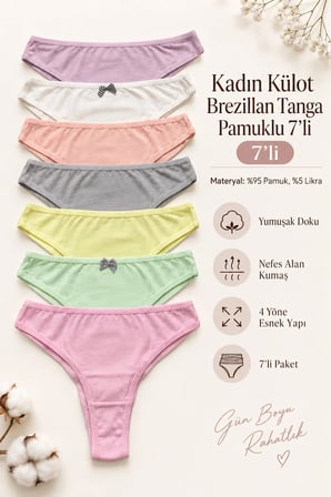 Kadın Külot Brazillian Tanga 7 Li Paket Likralı Pamuklu Likrali
