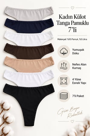 Kadın Külot Tanga String 7 Li Paket Likralı Pamuklu