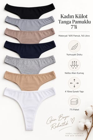 Kadın Külot Tanga String 7 Li Paket Likralı Pamuklu