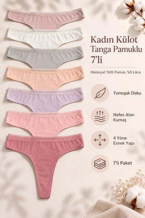 Kadın Külot Tanga String 7 Li Paket Likralı Pamuklu