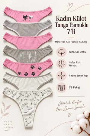 Kadın Külot Tanga String 7 Li Paket Likralı Pamuklu