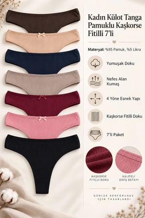 Kadın Külot Tanga String 7 Li Paket Likralı Pamuklu Kaşkorse Fitilli