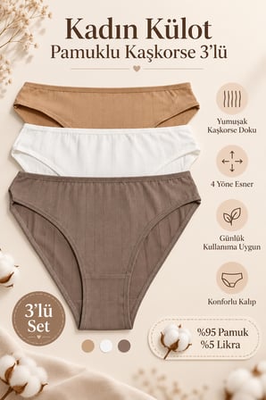 Kadın Külot 3 Lü Paket Likralı Kaşkorse Fitilli Pamuklu Likrali