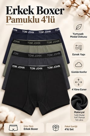 Erkek Boxer 4 Lü Paket Likralı MODAL - PAMUK MIX