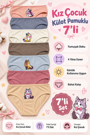 Kız Çocuk Külot 7 Li Paket Pamuklu Likralı Kedi Baskılı