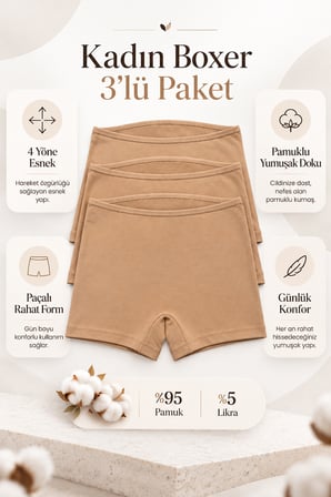 Kadın Boxer 3 Lü Paket Likralı Pamuklu Ten