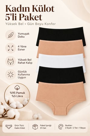 Kadın Külot 5 Li Paket Yüksek Bel Pamuklu Likrali Siyah Beyaz Ten