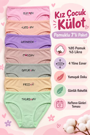 Kız Çocuk Külot 7 Li Paket Saf Pamuklu Likralı Yedi Gün