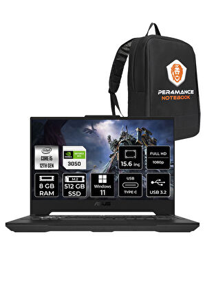 Asus TUF Gaming F15 i5 12500H 8GB 512GB SSD RTX3050/4GB 95W 15.6" FHD 144HZ W11P HN158 & PER4 ÇANTA