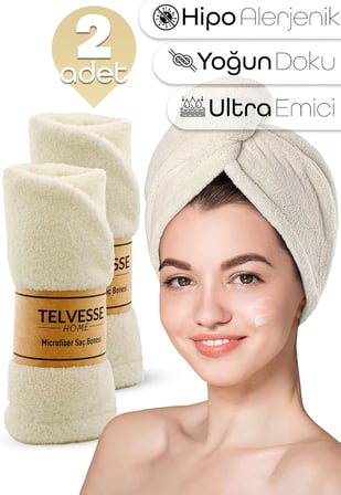 Mikrofiber Saç Havlusu Süper Emici Hızlı Kuruyan Türban Saç Havlusu Şapkası – Uzun Kıvırcık Kalın Saçlar İçin Duş Saç Kurutma Havlusu, Plaj Havuz Banyo Kullanım (2li Krem)