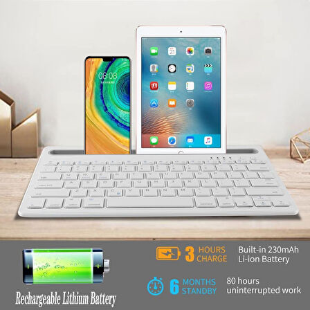 Apple iPad Pro 5. Nesil 12.9" Uyumlu Kablosuz Bluetooth Şarj Edilebilir Tablet Telefon Standlı Klavye - Beyaz