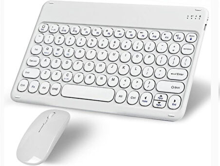 Lenovo Tab M9 ZAC40070TR 9" Uyumlu Kablosuz Bluetooth Şarj Edilebilir Yuvarlak Tuşlu Klavye Mouse Seti - Beyaz