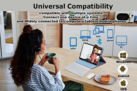 Apple iPad 7. Nesil 10.2" Uyumlu Kablosuz Bluetooth Şarj Edilebilir Yuvarlak Tuşlu Klavye Mouse Seti - Beyaz