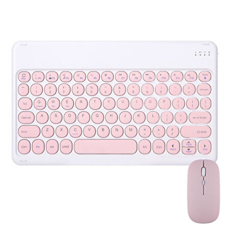 Samsung Galaxy Tab A9+ Plus X210 11" Uyumlu Kablosuz Bluetooth Şarj Edilebilir Yuvarlak Tuşlu Klavye Mouse Seti - Pembe