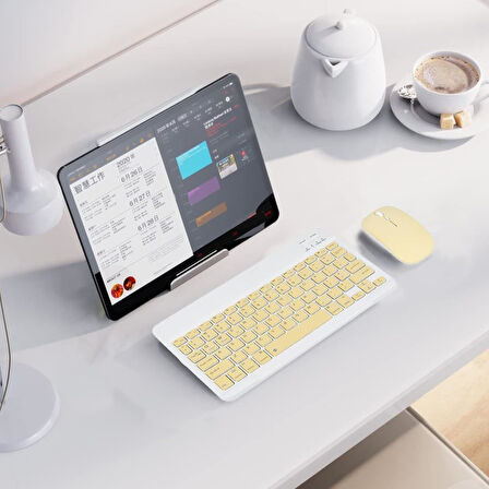 Osmart Tab X10 10.1" Uyumlu Kablosuz Bluetooth Şarj Edilebilir Klavye Mouse Seti - Sarı