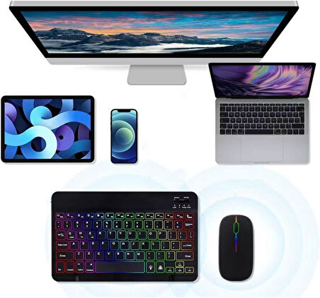 Lenovo Tab M11 TB330XU 11” Uyumlu Kablosuz Bluetooth Şarjlı Rgp 7 Renk Işıklı Klavye Mouse Seti