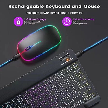 Lenovo Tab M11 TB330XU 11” Uyumlu Kablosuz Bluetooth Şarjlı Rgp 7 Renk Işıklı Klavye Mouse Seti