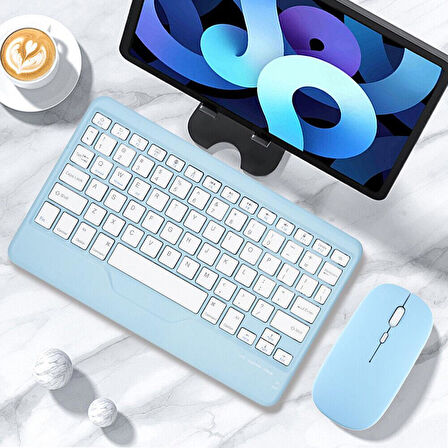 Samsung Galaxy Tab A7 LTE SM-T507 Uyumlu Kablosuz Bluetooth Şarjlı Türkçe Q Klavye Mouse Seti - Mavi