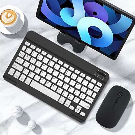 Apple iPad Mini 6 2021 6. Nesil 8.3" Uyumlu Kablosuz Bluetooth Şarjlı Türkçe Q Klavye Mouse Seti - Siyah