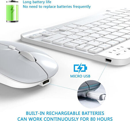 General Mobile E-Tab 20 10.1" Uyumlu Kablosuz Bluetooth Şarjlı Klavye Şarjlı Mouse Seti - Beyaz