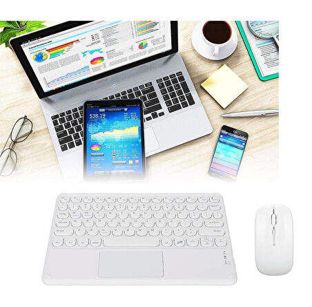 Samsung Galaxy Note 10.1" GT-N8000 Uyumlu Kablosuz Bluetooth Şarjlı TouchPad'li Klavye Mouse Seti - Beyaz