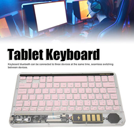 WennTab Ultra Tablet 10.1" Uyumlu Kablosuz Bluetooth Şarjlı Transparan Rgp 7 Renk Işıklı Klavye - Pembe