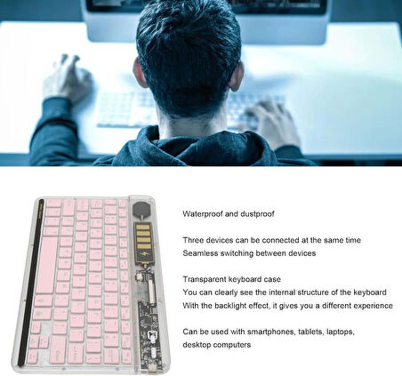 Sprange Vasoun P-200 12" Uyumlu Kablosuz Bluetooth Şarjlı Transparan Rgp 7 Renk Işıklı Klavye - Pembe