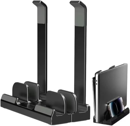 McStorey Laptop Stand Dikey ve Eğimli 3 Slotlu Ayarlanabilir Masaüstü Organizer Telefon Tablet Uyumlu Kaymaz Silikon Pedli Ergonomik Masa Düzenleyici PVC TPU Alaşım Siyah