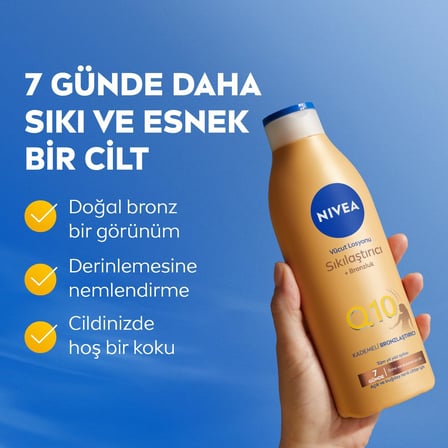 Q10 Sıkılaştırıcı Ve Bronzlaştırıcı Vücut Losyonu 250ml, Kademeli Doğal Bronzluk, 7 Günde Sıkı Cilt, Açık ve Buğday Tenli Ciltler