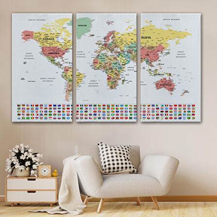 Harita Sepeti Türkçe Dünya Haritası Son Derece Ayrıntılı Eğitici ve Bayraklı Kanvas Tablo 2793