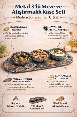 Metal 3’lü Meze ve Atıştırmalık Kase Seti,Renkli Mozaik Desenli Sunum Tabağı ile, Dayanıklı Çerezlik Sosluk Seti, Modern Sofra Sunum Ürünü