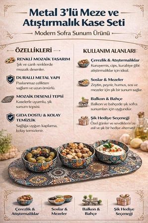 Metal 3’lü Meze ve Atıştırmalık Kase Seti,Renkli Mozaik Desenli Sunum Tabağı ile, Dayanıklı Çerezlik Sosluk Seti, Modern Sofra Sunum Ürünü