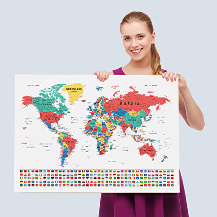 Harita Sepeti Dünya Haritası Son Derece Ayrıntılı Eğitici ve Bayraklı Kanvas Tablo 2794