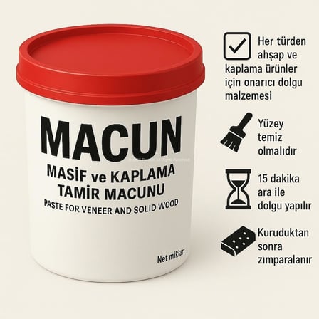 Tamir Macunu, Ahşap, Kaplama, Masif Yüzey, Çizik, Çatlak, Delik Onarıcı Dolgu, Kapatıcı, 200 Gram (Beyaz)