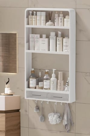 Premium Yapışkanlı Duvar Rafı Organizer, Banyo Mutfak Rafı, 70x40x10 cm, Çekmeceli, Kancalı, Suya Dayanıklı, Delme Gerektirmez