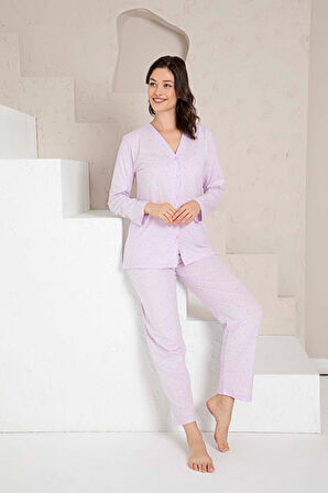 Kadın V Yaka Önden Düğmeli %100 Pamuk Uzun Kol Cepli Pijama Takımı