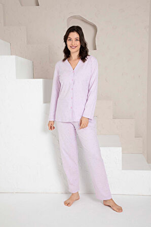 Kadın V Yaka Önden Düğmeli %100 Pamuk Uzun Kol Cepli Pijama Takımı