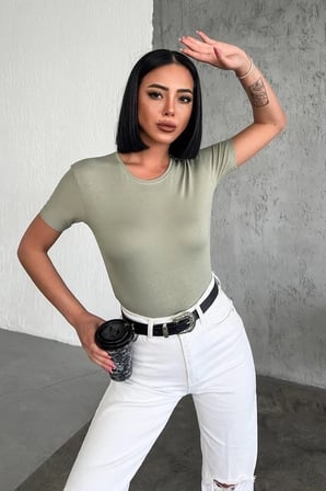 Rahat Ve Şık Kısa Kollu Bisiklet Yaka Likralı Viskon Penye Body Haki