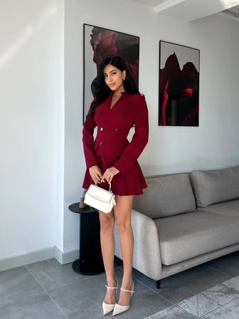 Düğme ve Volan Detaylı Blazer Elbise