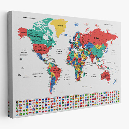 Harita Sepeti Türkçe Dünya Haritası Son Derece Ayrıntılı Eğitici ve Bayraklı Kanvas Tablo 2795