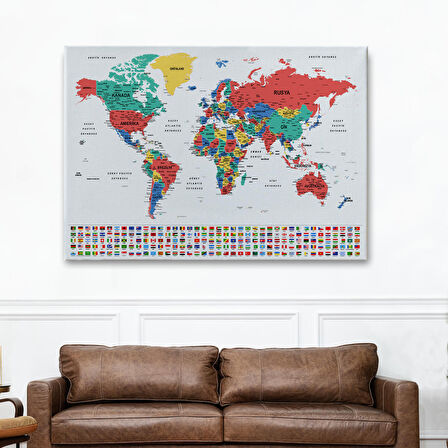 Harita Sepeti Türkçe Dünya Haritası Son Derece Ayrıntılı Eğitici ve Bayraklı Kanvas Tablo 2795